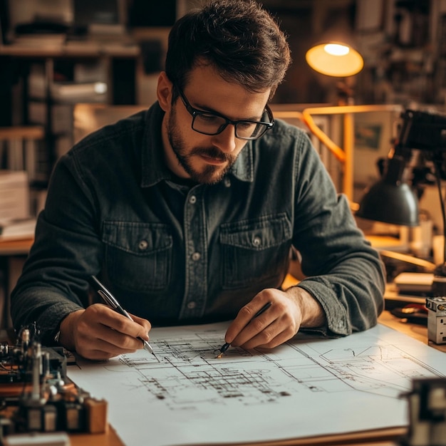 A portrait of a foreman engineer or architecture working on a laptop with tools and machine on the table in the office for engineering architect business safety and technology concept