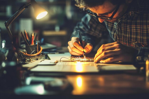 A portrait of a foreman engineer or architecture working on a laptop with tools and machine on the table in the office for engineering architect business safety and technology concept