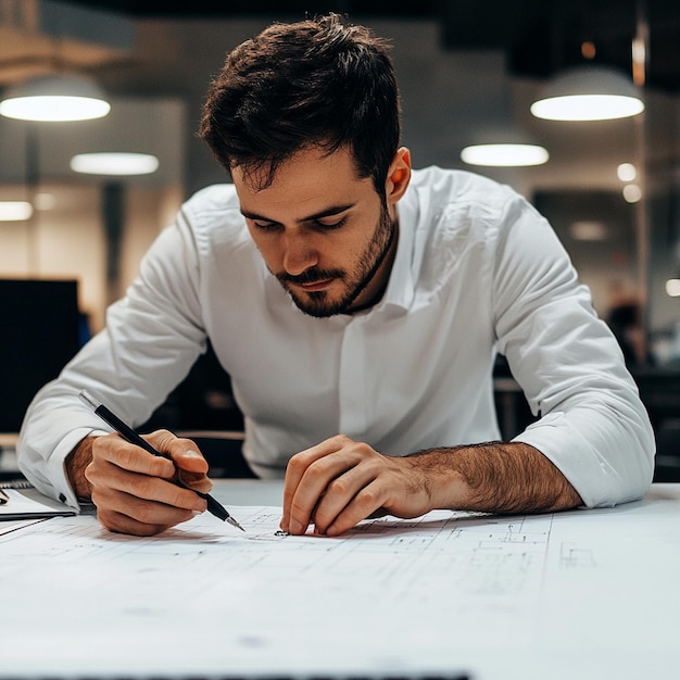 A portrait of a foreman engineer or architecture working on a laptop with tools and machine on the table in the office for engineering architect business safety and technology concept