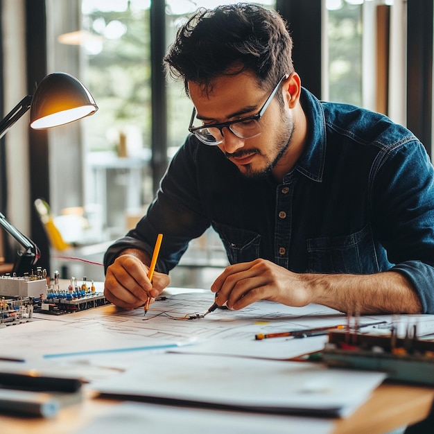 A portrait of a foreman engineer or architecture working on a laptop with tools and machine on the table in the office for engineering architect business safety and technology concept