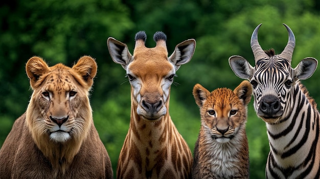 Photo portrait of four diverse wild animals against a green background