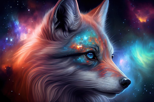 Portrait of a fox on the background of space double exposure of fox and stars Generative AI