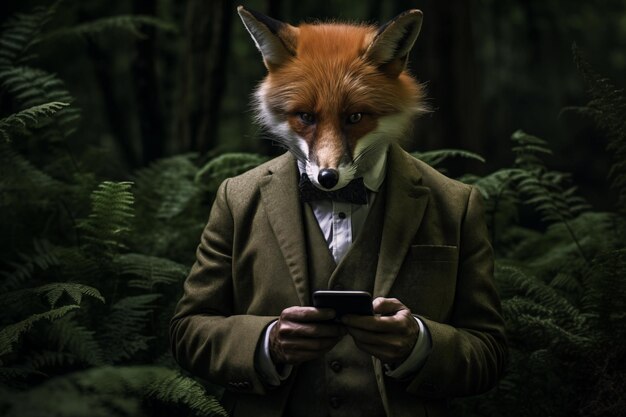 Portrait of a fox in a suit and bow tie with a phone in the forest Anthropomorphic animal character