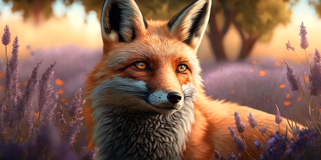 Portrait of a fox with lavender in the background Generative AI