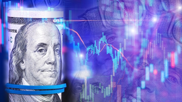 Portrait of Franklin on a hundred dollar bill with Candlestick charts as concept of Stock background