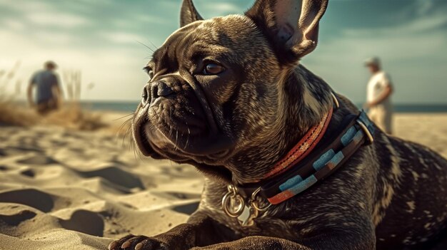 Portrait of a French bulldog with sunglasses on the sea and the beach background Generated AI