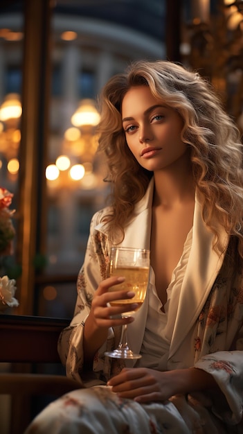 Portrait of a French lady drinking wine in sunset Generative AI