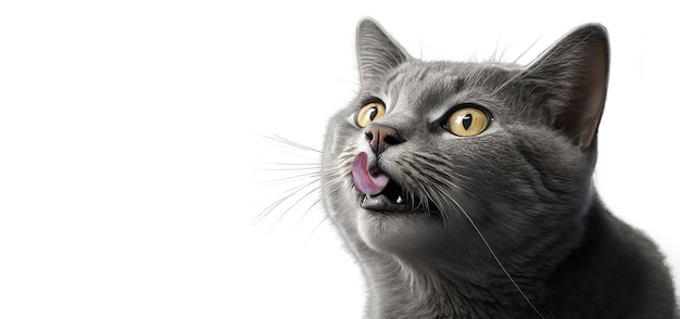 Portrait of a friendly looking gray cat licking lips on white background