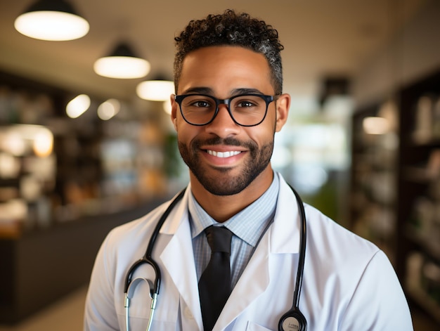 Portrait of friendly male doctor in workwear with stethoscope on neck