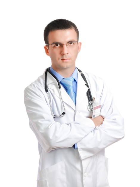 Portrait of friendly medical doctor with cross a hands. Isolated