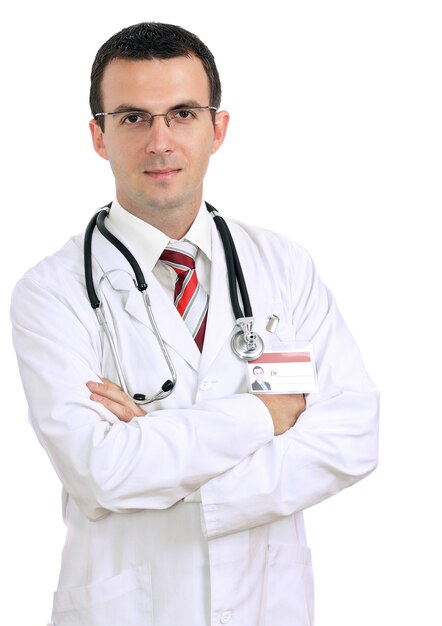 Portrait of friendly medical doctor with cross a hands. Isolated