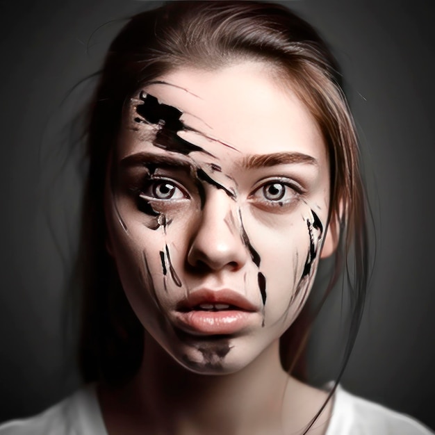 Portrait of a frightened and tormented young girl with traces of scars on her face