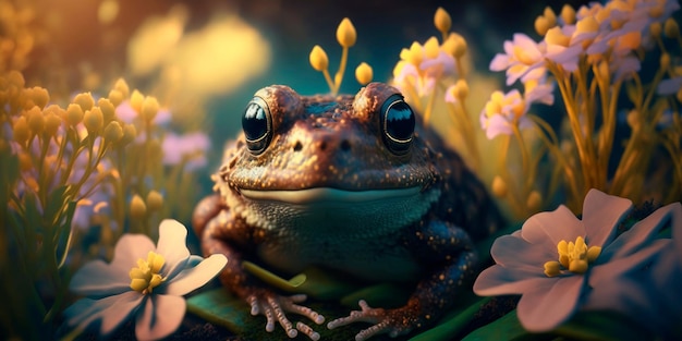 Portrait of a frog with a bush of flowers in the background Generative AI