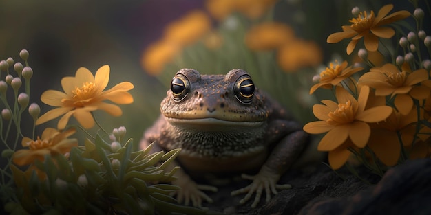 Portrait of a frog with a bush of flowers in the background Generative AI