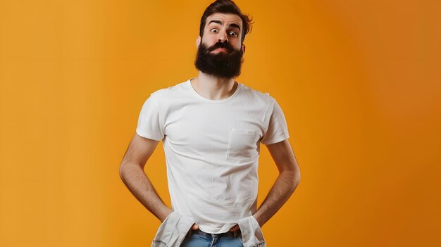 Portrait of frustrated worried brunette man with beard in casual white tshirt turnin Generative AI