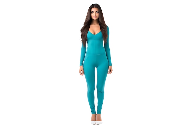 Photo portrait in full growth of a beautiful young woman in turquoise tight clothes