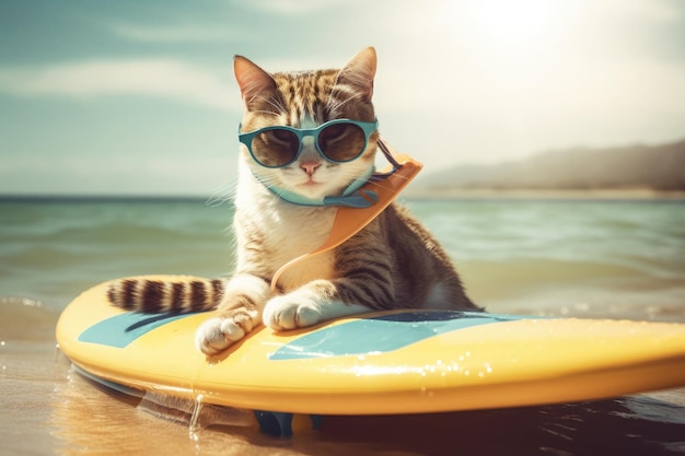 Portrait of a funny cat in sunglasses on a surfboard on the beach Summer concept Ai generative