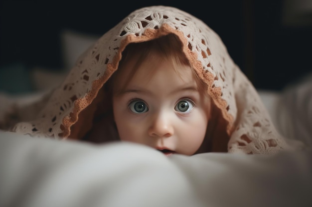 Portrait of a funny caucasian innocent girl peeking out from under the fabric in bed a pretty little child with big eyes looking at the camera