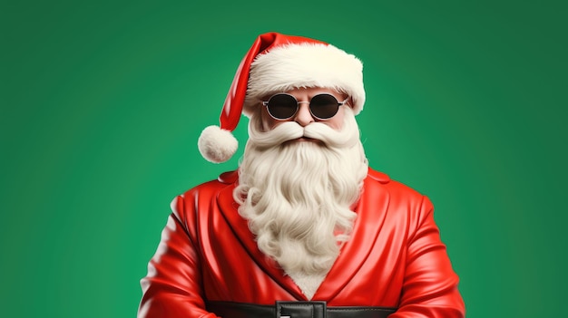 Portrait of funny crazy hipster Santa Claus in red hat fun Christmas xmas party celebrate New year time dance on green background