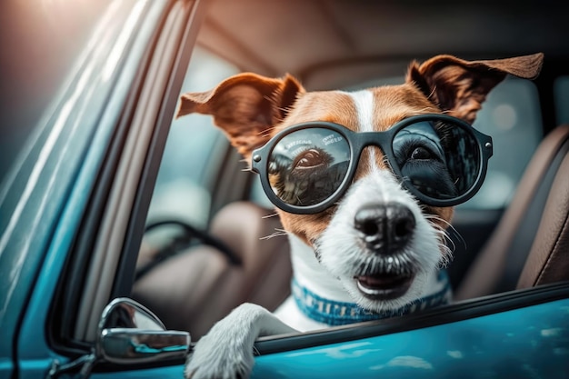 Portrait of a funny dog Jack Russell Terrier driving a car with sunglasses on