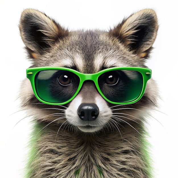 Portrait funny raccoon in green sunglasses Isolated on white background