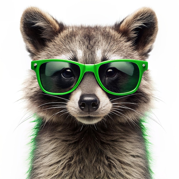 Portrait funny raccoon in green sunglasses Isolated on white background