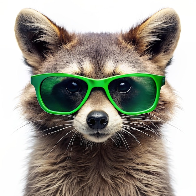 Portrait funny raccoon in green sunglasses Isolated on white background