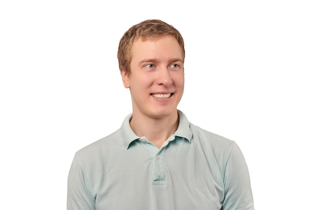 Portrait of funny young man in mint Polo Tshirt isolated on white background handsome happy man