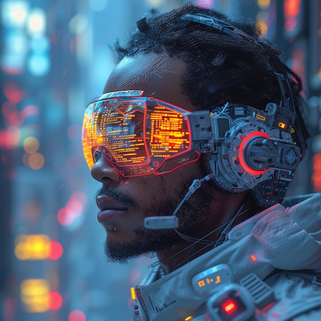 Portrait of a futuristic african american man wearing virtual reality goggles