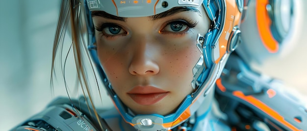 Portrait of a Futuristic Android with Striking BlueOrange Accents Concept Fashion Photography Scifi Theme Vibrant Colors Futuristic Makeup Hightech Accessories