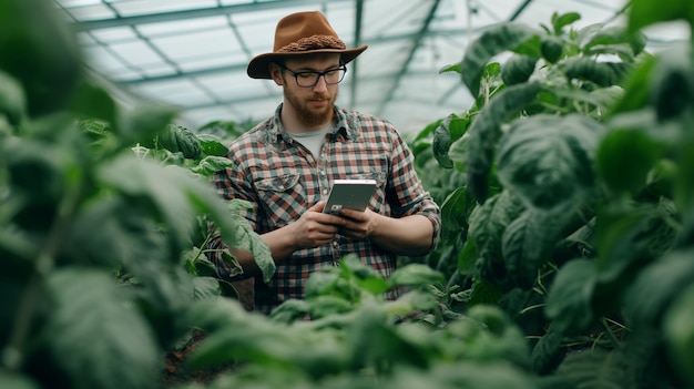 Portrait futuristic farmer using advanced technology to monitor and manage crops in a greenhouse