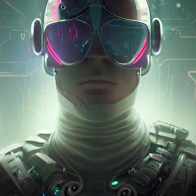 Portrait of a futuristic man with glasses Hightech man from the future Virtual reality concep