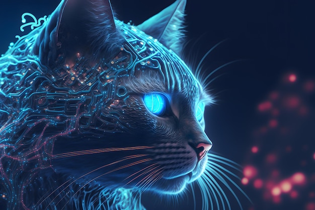 Portrait of a futuristic robot cat An artistic abstract cyberpunk fantasy Concept of a cyber cat Neural network generated art