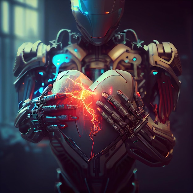 Portrait of a futuristic robot with a mechanical heart in his hands The concept of the modern robot