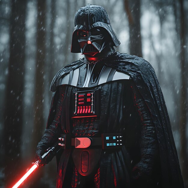 Photo portrait of a futuristic warrior in a dark forest with a sword