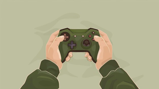 Photo portrait of gamer holding gamepad in hands on olive background