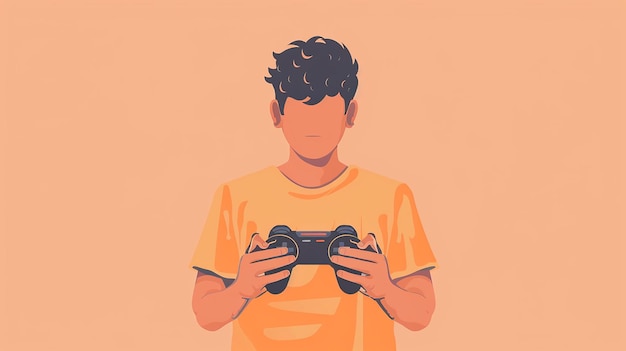 Photo portrait of gamer holding gamepad in hands on peach background