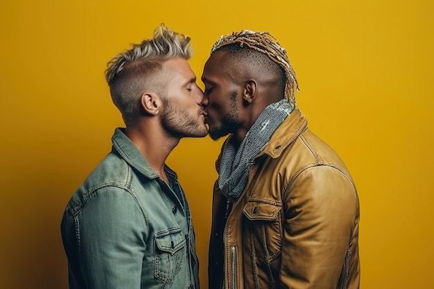 Portrait of a gay couple one African American and the other blonde kissing They wear jackets Studio shot against a yellow background LGBTQ