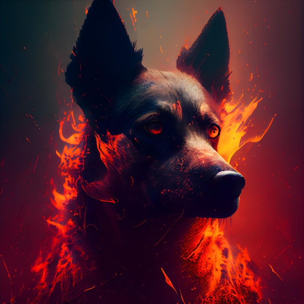 Portrait of a German shepherd dog in the fire on a dark background