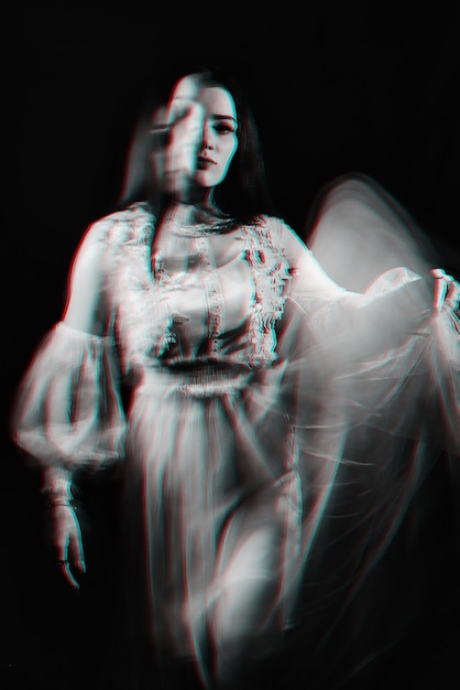 Portrait of a Ghost girl in a dress. Black and white anaglyph with 3D virtual reality glitch effect