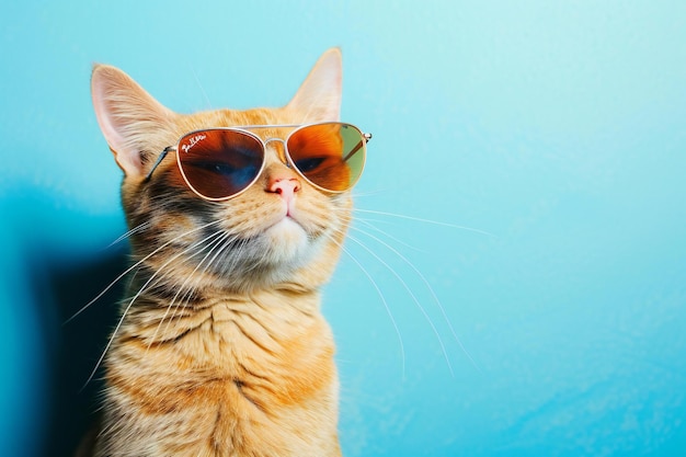 Portrait of ginger cat wearing sunglasses on blue background with copy space