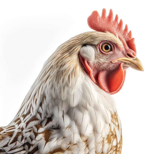 Portrait of a ginger chicken standing isolated on white background profile view of a chicken white background photorealistic hyperrealism generate ai