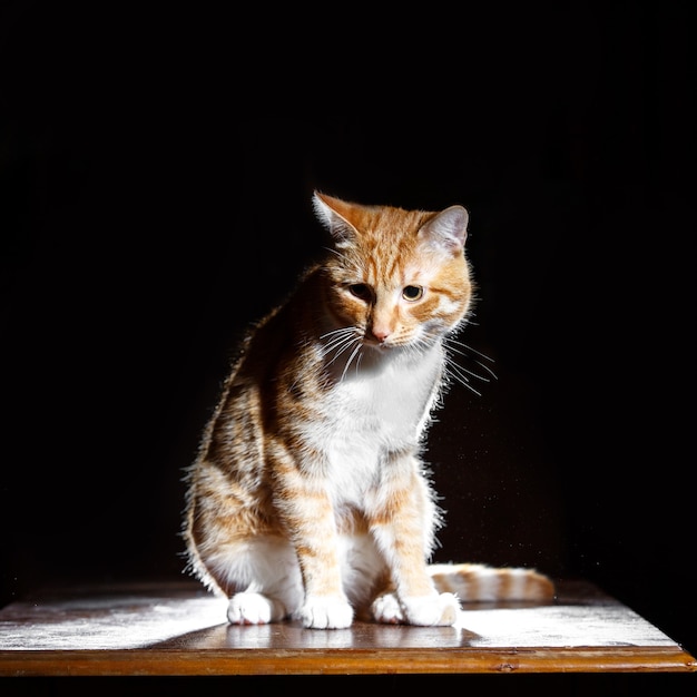 Portrait of ginger tabby cat on a wooden table