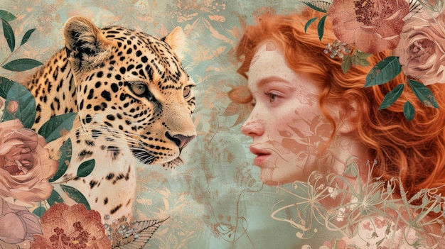 A portrait of a ginger woman and leopard An art collage