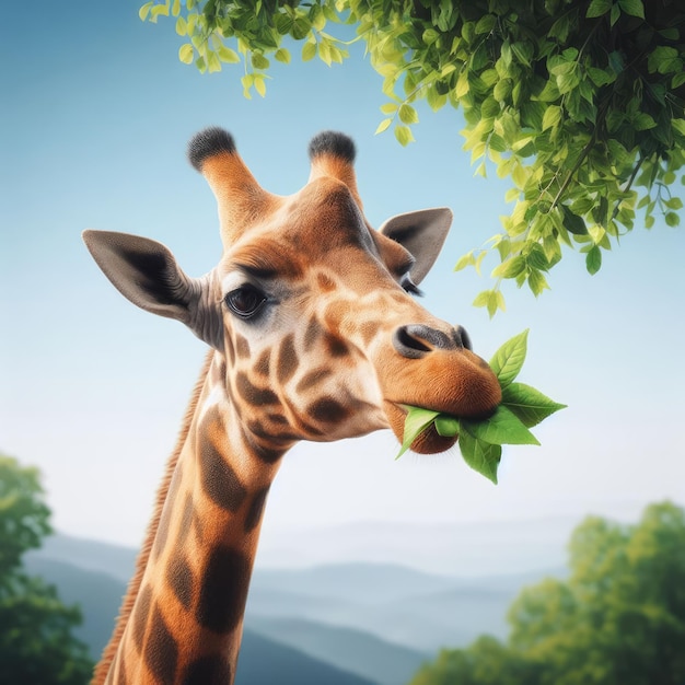 portrait of a giraffe eating leaves