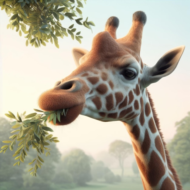 portrait of a giraffe eating leaves