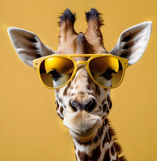 portrait of a giraffe in sunglasses on a yellow background copy space