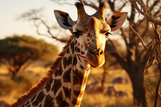 Portrait of a giraffe in the sunlight during the day in an unfounded space generative IA