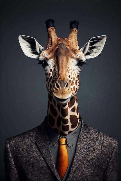 Portrait of giraffe with suit and orange tie on grey created using generative ai technology