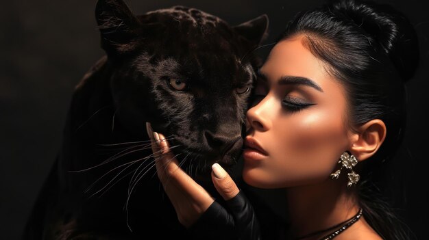 Photo portrait of a girl and a black panther